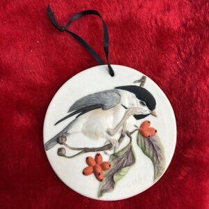 Chickadee Branch Ornament Signed LE 1989 Handpainted Ceramic Raised Design 3.5"